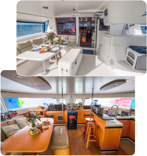 Dining and lounge area inside the ZENITH catamaran in San Blas