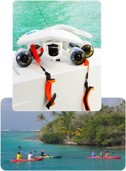 Water activities and toys aboard the ZENITH catamaran in San Blas